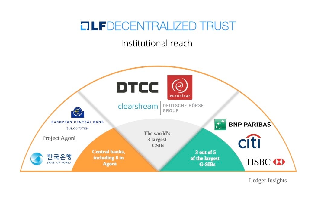 Institutional reach fan chart: central banks including Project Agorá, the world's three largest CSDs (DTCC, Euroclear, Clearstream), and three of the five largest G-SIBs (BNP Paribas, Citi, HSBC)